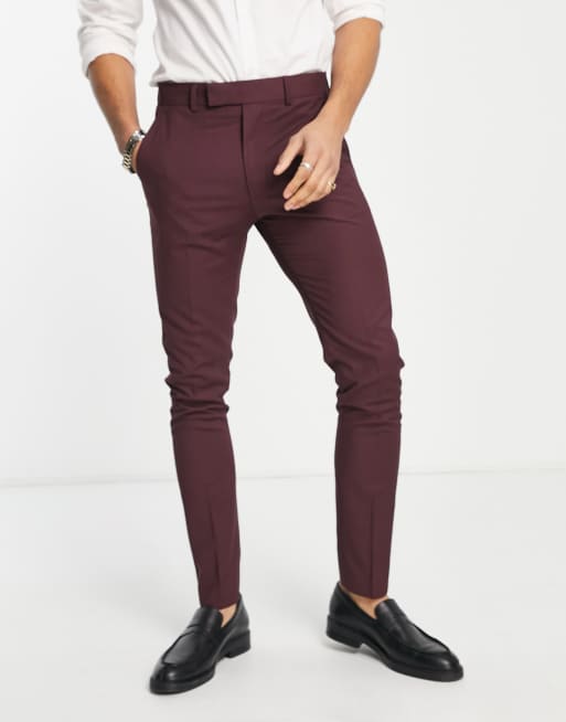 ASOS DESIGN – Bordowe aksamitne spodnie smokingowe o obcisłym kroju, z lampasami