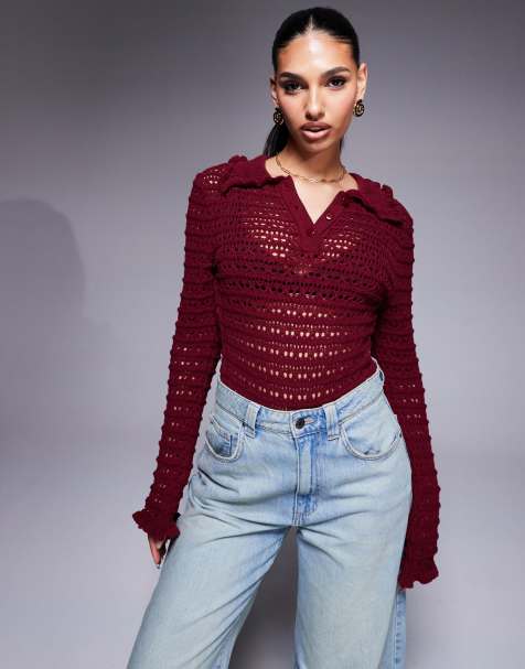 ASOS DESIGN knitted stitch detail bodysuit with frill detail in burgundy