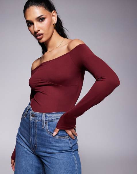 ASOS DESIGN – Bordowe body z odkrytymi ramionami i wstawką pod biustem - view 1