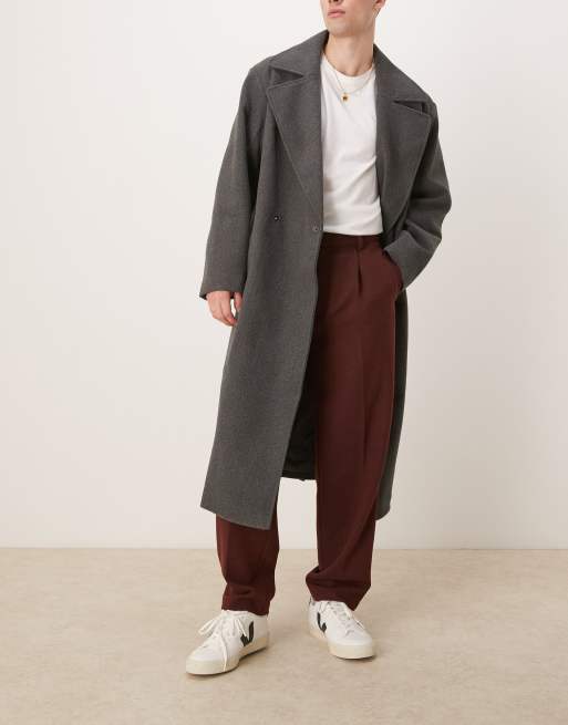 ASOS DESIGN – Bordowe eleganckie spodnie o zwężanym kroju oversize z zakładkami z diagonalu z domieszką wełny