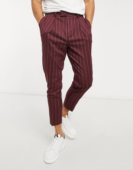 ASOS DESIGN – Bordowe eleganckie spodnie o zwężanym kroju w paski