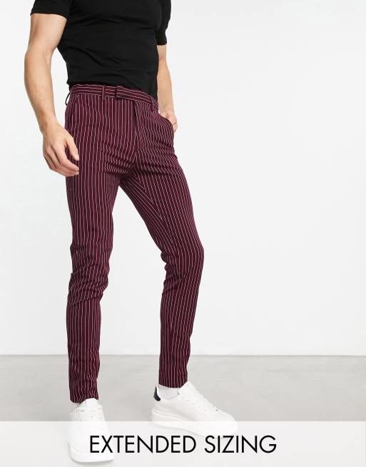 ASOS DESIGN – Bordowe eleganckie spodnie w prążki o bardzo obcisłym kroju