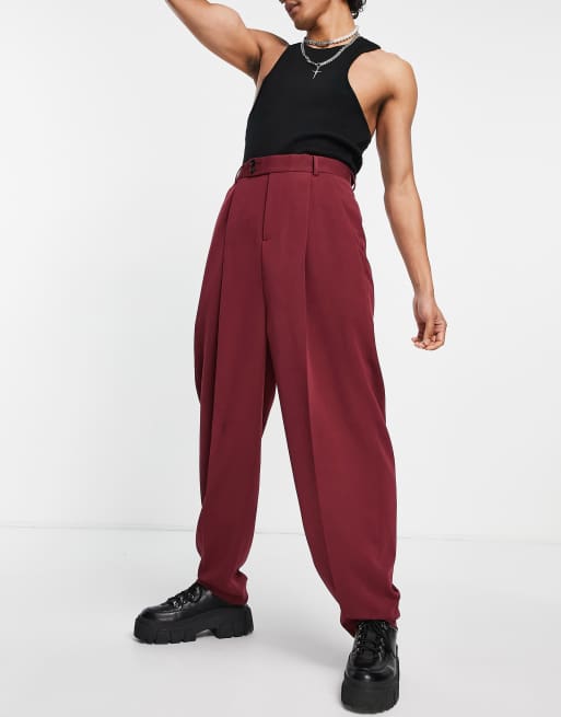 ASOS DESIGN – Bordowe eleganckie spodnie z balonowymi nogawkami