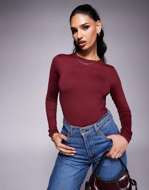 ASOS DESIGN – Bordowe przylegające body z długimi rękawami z poliamidu - view 1