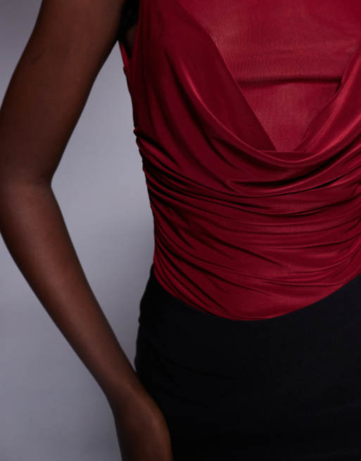 ASOS DESIGN – Bordowe przylegające body z siateczką z drapowanym przodem, 2 z 4