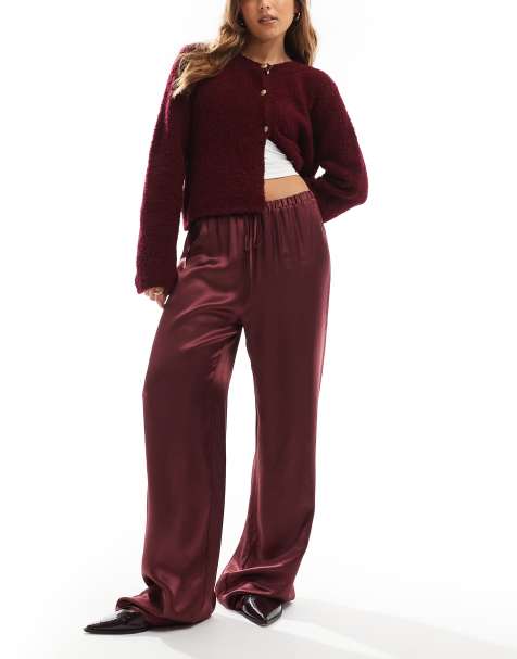 ASOS DESIGN satin wide leg trouser in burgundy