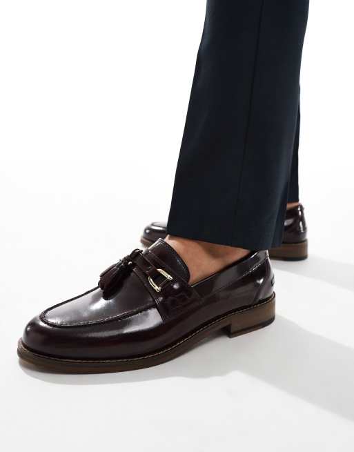 ASOS DESIGN – Bordowe skórzane loafersy z frędzlami, 4 z 4