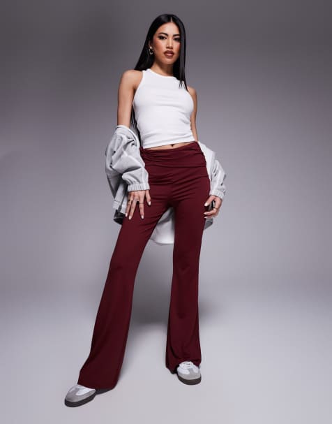 ASOS DESIGN ruched waist flare trouser in burgundy