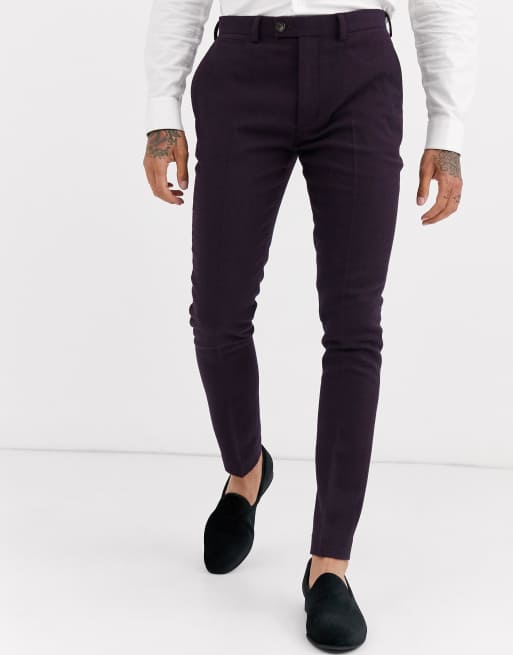 ASOS DESIGN – Bordowe spodnie garniturowe o bardzo dopasowanym kroju z twillu z domieszką wełny z kolekcji ślubnej