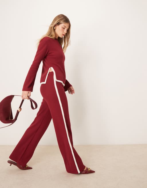 ASOS DESIGN – Bordowe spodnie o waflowej fakturze z szerokimi nogawkami i lamówkami, część zestawu