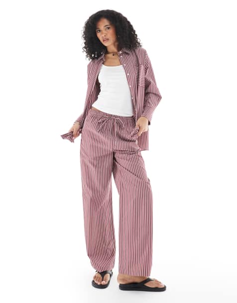 ASOS DESIGN tie waist wide leg co-ord trouser in burgundy stripe
