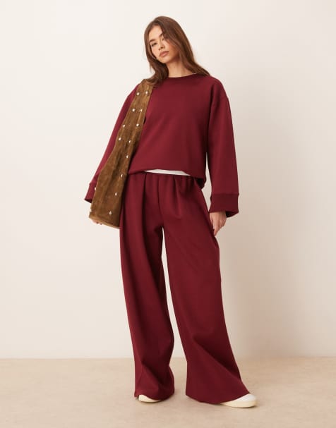 ASOS DESIGN interlock super wide leg trouser in burgundy co-ord