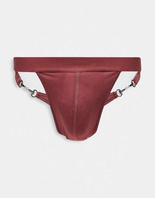 ASOS DESIGN – Bordowe stringi z metalowymi wstawkami i wycięciem