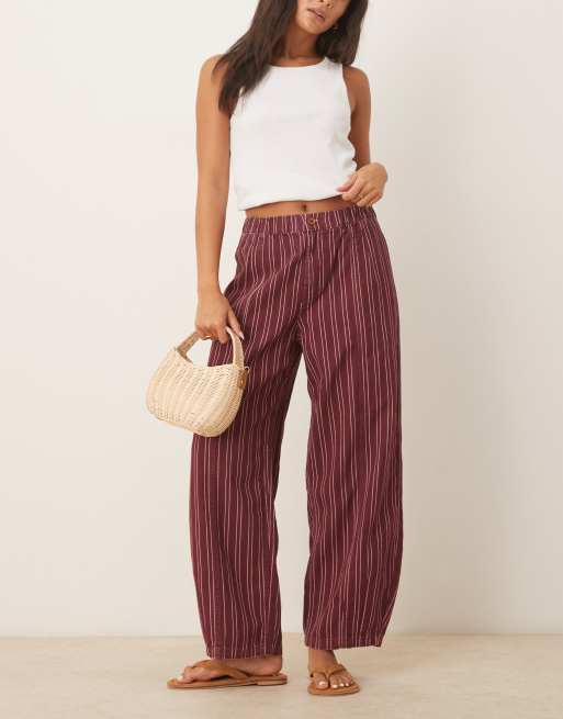 ASOS DESIGN – Bordowe wciągane spodnie barrel w paski z efektem sprania, 3 z 5
