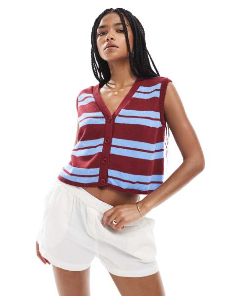 ASOS DESIGN v-neck knitted vest in blue and burgundy stripe