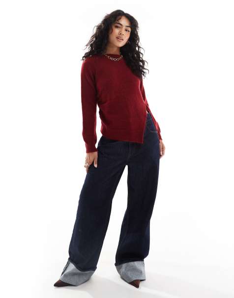 ASOS DESIGN knitted asymmetric jumper with ruched side in burgundy