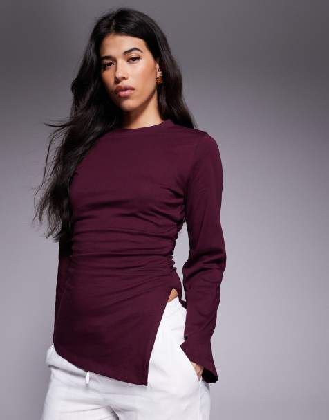 ASOS DESIGN cinched side asymmetric tee in wine