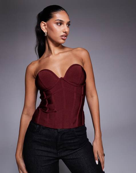 ASOS DESIGN – Bordowy bandażowy top gorsetowy bez rękawów z podkreślonymi miseczkami - view 1