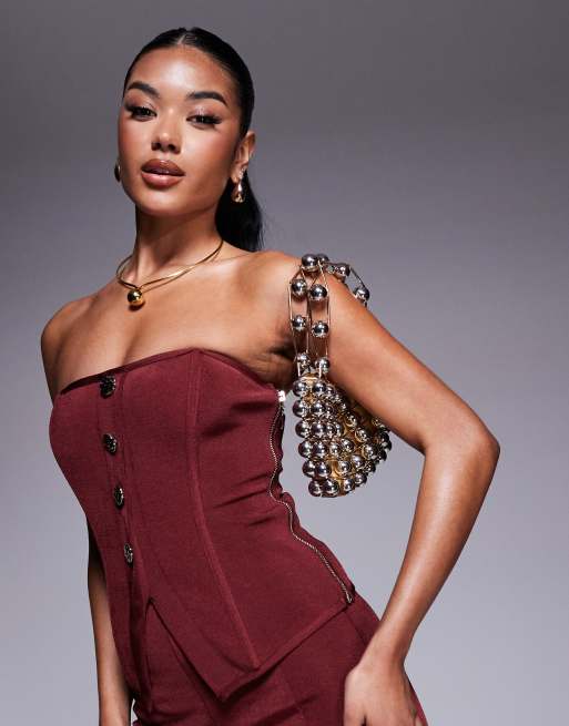 ASOS DESIGN – Bordowy bandażowy top z dekoltem bandeau i zapięciem na złote guziki, część zestawu