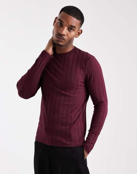 ASOS DESIGN slim fit long sleeve t-shirt in burgundy wide rib