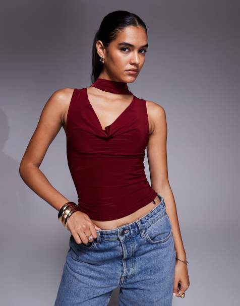 ASOS DESIGN slinky cowl scarf neck top in burgundy