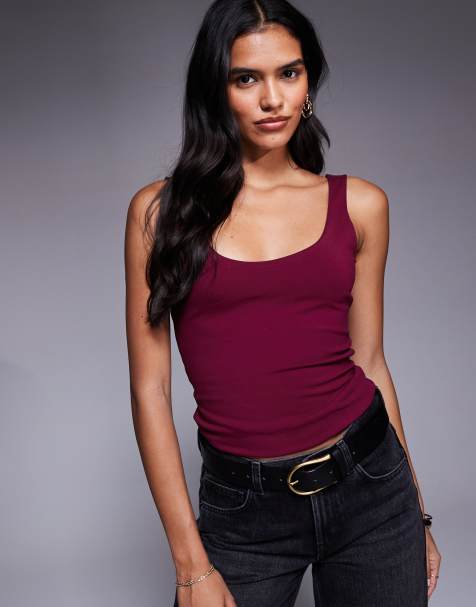 ASOS DESIGN double layer square neck tank top in burgundy