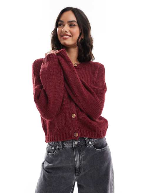 ASOS DESIGN – Bordowy dzianinowy kardigan o luźnym kroju z okrągłym dekoltem