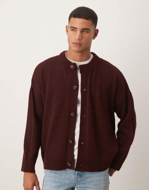 ASOS DESIGN super oversized boxy fit knitted crew neck cardigan in burgundy