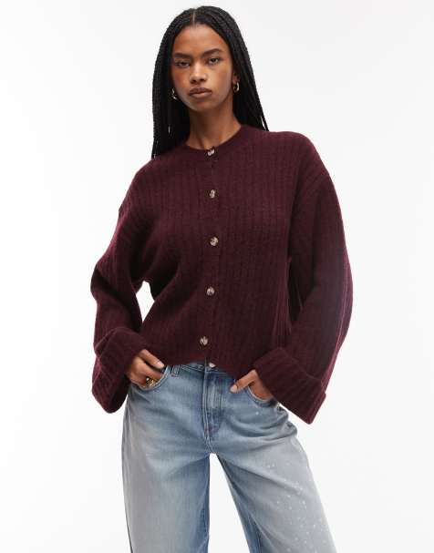 ASOS DESIGN – Bordowy dzianinowy kardigan z podwijanymi mankietami z domieszką wełny - view 1