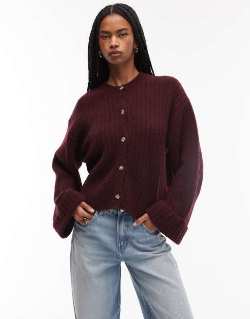 ASOS DESIGN – Bordowy dzianinowy kardigan z podwijanymi mankietami z domieszką wełny