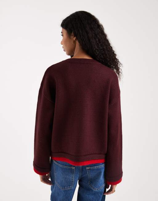ASOS DESIGN – Bordowy dzianinowy sweter z kontrastowymi lamówkami, 4 z 4