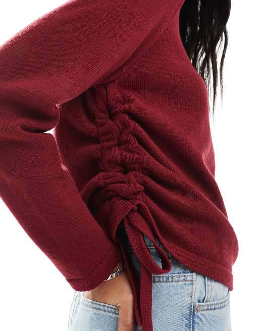 ASOS DESIGN – Bordowy dzianinowy sweter z marszczeniem, 3 z 4