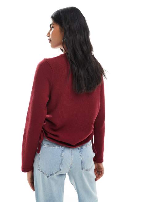 ASOS DESIGN – Bordowy dzianinowy sweter z marszczeniem, 4 z 4