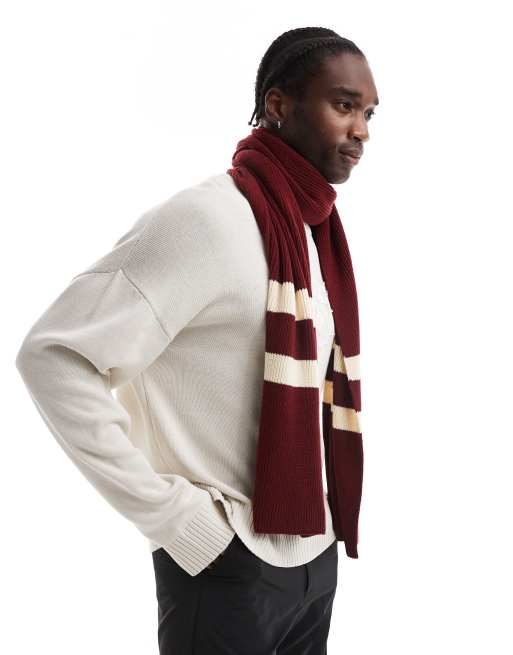 ASOS DESIGN – Bordowy dzianinowy szalik z paskami w uczelnianym stylu, 4 z 4