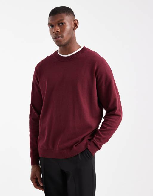 ASOS DESIGN – Bordowy dzianinowy T-shirt o luźnym kroju z długimi rękawami i okrągłym dekoltem