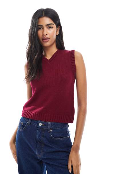 ASOS DESIGN knitted high v neck tank in burgundy