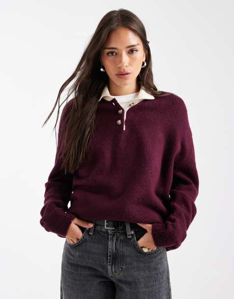 ASOS DESIGN knitted rugby top in wine