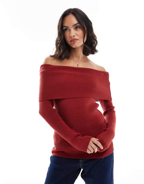 ASOS DESIGN – Bordowy dzianinowy top z dekoltem bardot - view 1