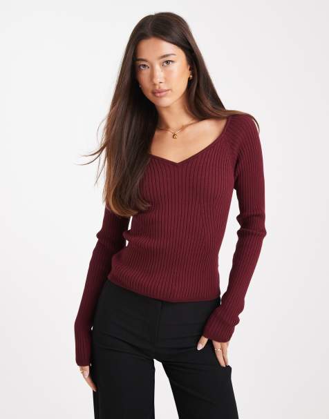 ASOS DESIGN knitted structured v neck top in burgundy