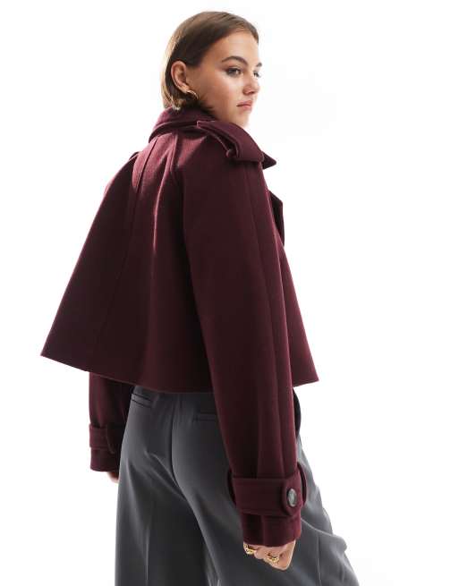 ASOS DESIGN – Bordowy elegancki prochowiec o krótkim fasonie, 2 z 4