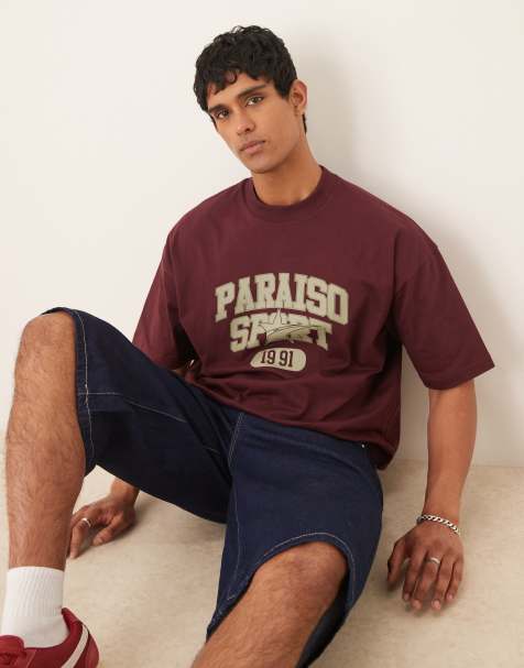 ASOS DESIGN – Bordowy gruby T-shirt o pudełkowym kroju oversize z nadrukiem - view 1