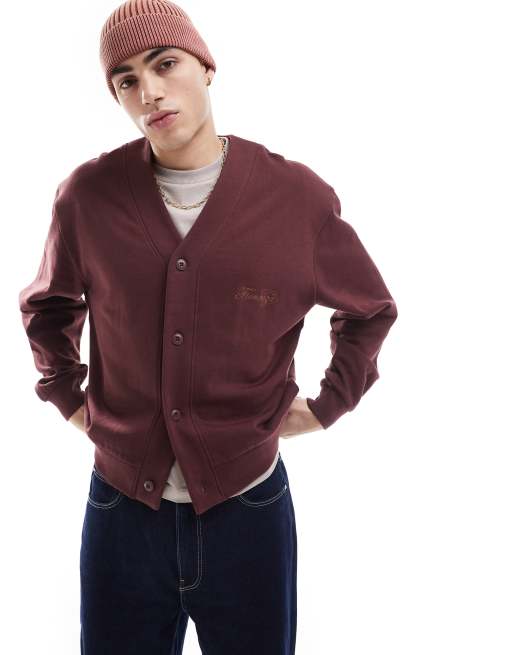 ASOS DESIGN – Bordowy kardigan oversize o pudełkowym kroju z haftowanym napisem na piersi
