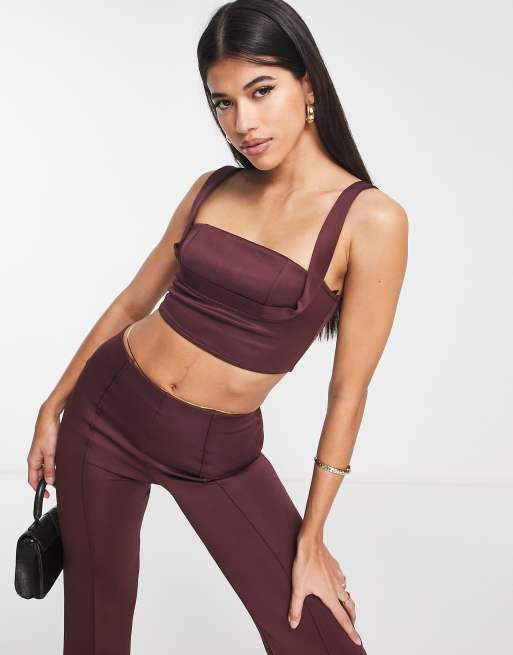 ASOS DESIGN – Bordowy krótki podkoszulek z tkaniny nurek z ozdobnym elementem na piersi, część zestawu