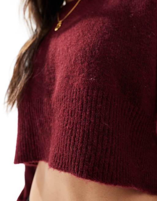 ASOS DESIGN – Bordowy krótki sweter z okrągłym dekoltem i rozcięciem u dołu, 4 z 4