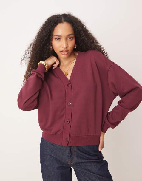 ASOS DESIGN sweat cardigan co ord top in burgundy