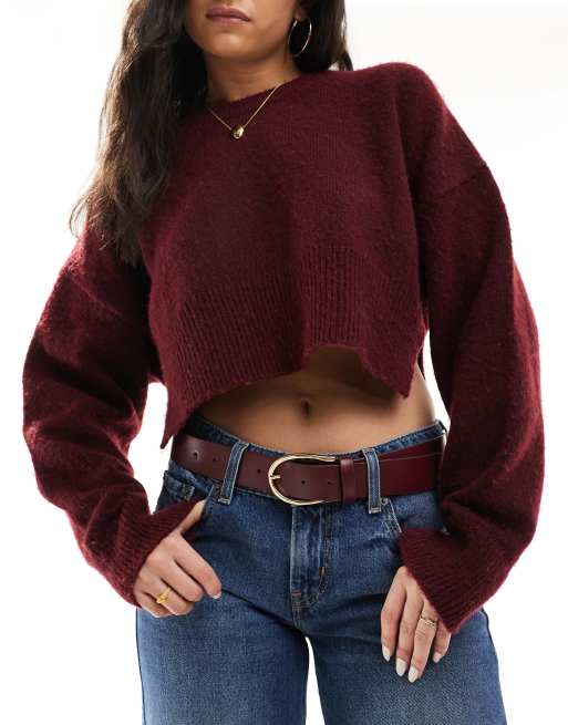 ASOS DESIGN – Bordowy pasek do jeansów na talię i biodra z klamrą w kształcie półksiężyca
