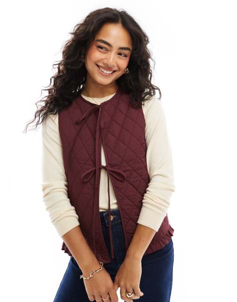 ASOS DESIGN quilted tie front gilet in burgundy