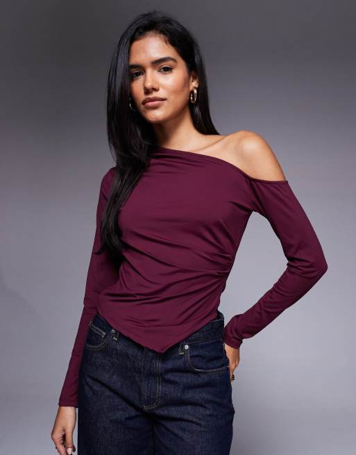 ASOS DESIGN – Bordowy poliamidowy asymetryczny top na jedno ramię z drapowaniem
