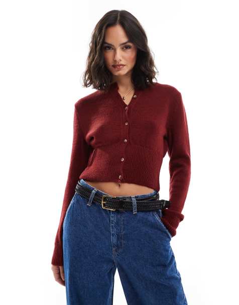 ASOS DESIGN – Bordowy prążkowany kardigan z odwijanym okrągłym dekoltem - view 1