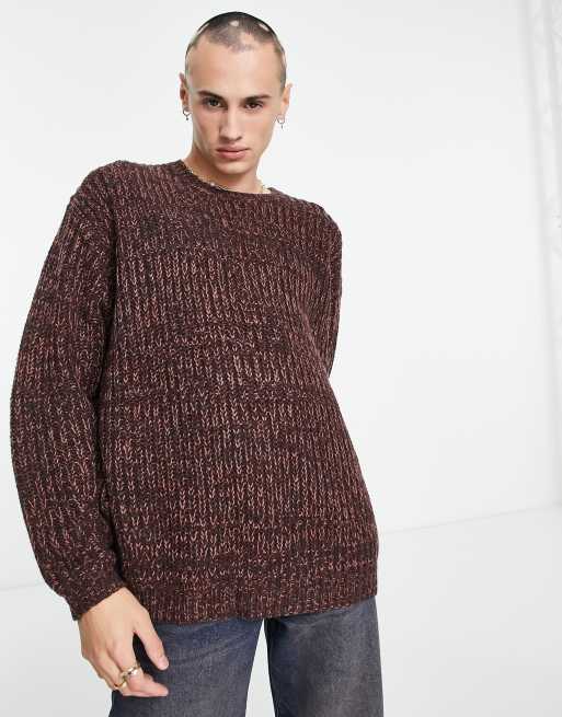 ASOS DESIGN – Bordowy prążkowany sweter o grubym splocie patentowym, z okrągłym dekoltem